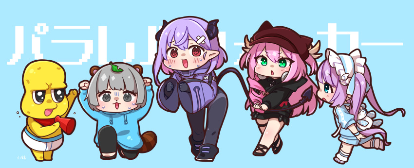 1boy 4girls :3 @_@ absurdres animal_bag animal_ear_headwear animal_ears arms_up backpack bag bald black_bodysuit black_eyes black_footwear black_jacket black_shirt black_skirt blue_hoodie blue_jacket bodysuit boots briefs cabbie_hat cheering chibi clenched_hands colored_inner_hair colored_skin demon_tail fairys_(vtuber) frilled_hairband frills grabbing_another's_tail green_eyes grey_eyes grey_hair gym_shorts hair_ornament hairband hat headphones headphones_around_neck highres holding holding_megaphone hood hoodie horns indie_virtual_youtuber jacket kobachi_k_88 leaf leaf_on_head leaning_forward lineup long_hair long_sleeves male_underwear megaphone mimic_(vtuber) mochi_hiyoko mochipro mode_aim multicolored_clothes multicolored_hair multicolored_jacket multiple_girls neckerchief nervous_smile on_one_knee open_mouth peanuts-kun pink_hair pink_jacket ponpoko_(vtuber) purple_hair purple_jacket raccoon_ears raccoon_girl raccoon_tail red_eyes red_neckerchief shirt short_hair shorts skirt smile split-color_clothes sweat tail tail_grab topless_male track_jacket twintails two-tone_jacket two_side_up underwear underwear_only v-shaped_eyebrows virtual_youtuber walking white_male_underwear wide_sleeves x_hair_ornament yellow_skin