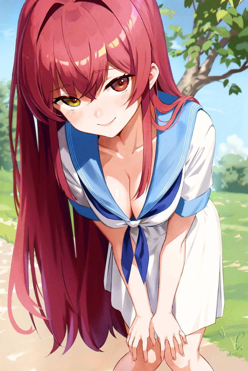 absurdres blue_neckerchief blue_sailor_collar blush breasts cleavage female heterochromia highres holohoneygaoka_high_school_uniform holohoneygaoka_koukou hololive houshou_marine large_breasts long_hair looking_at_viewer md5_mismatch meme_tesshin multicolored_hair neckerchief official_alternate_costume red_eyes red_hair sailor_collar school_uniform serafuku shirt short_sleeves skirt smile solo uniform virtual_youtuber white_serafuku white_shirt white_skirt yellow_eyes