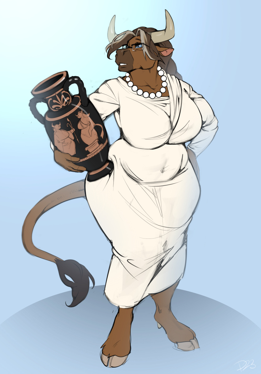 absurd_res amphora anthro belly big_breasts blue_eyes bovid bovine braided_hair braided_ponytail breasts brown_body brown_fur brown_hair cattle clothed clothing deaddomovec dress european_mythology eyewear female fur gem glasses greek_mythology greying_hair hair hand_on_hip hi_res holding_amphora hooves iolanta_avarta jewelry looking_aside mammal minotaur mythology navel_outline necklace pear-shaped_figure pearl_(gem) pearl_necklace ponytail solo standing tail tail_tuft teeth thick_thighs tuft wide_hips