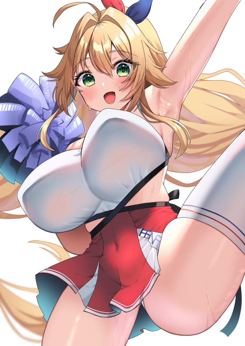 ahoge arm_up armpits azur_lane blonde_hair blue_ribbon blush breasts cheerleader covered_navel female green_hair hair_between_eyes hair_intakes hair_ribbon highres huge_breasts le_temeraire_(azur_lane) le_temeraire_(cheering_star)_(azur_lane) leg_up long_hair looking_at_viewer official_alternate_costume open_mouth oppai_loli pom_pom_(cheerleading) red_ribbon red_skirt ribbon simple_background sino_rameko skirt smile solo sweat taut_clothes thighhighs two-tone_ribbon very_long_hair white_background white_thighhighs