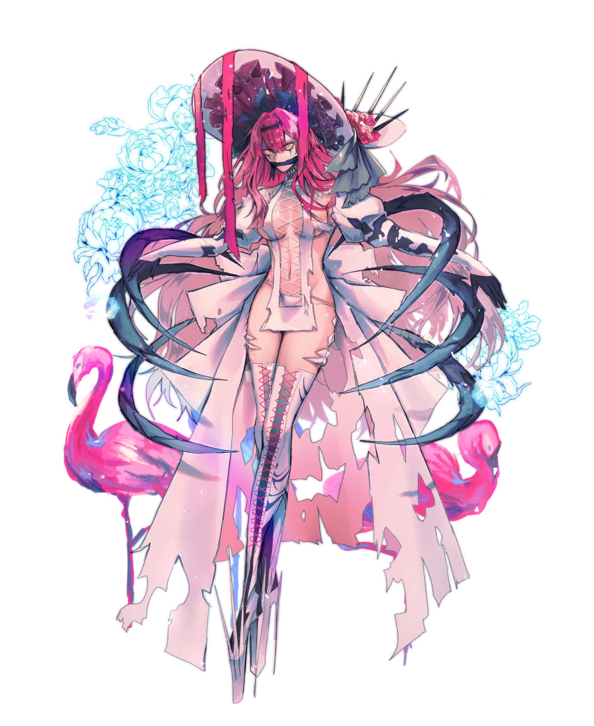 absurdres baobhan_sith_(fate) baobhan_sith_(third_ascension)_(fate) bird boots breasts brynhildr97 cross-laced_clothes cross-laced_dress detached_sleeves dress facial_mark fate/grand_order fate_(series) female flamingo flower frilled_hat frills full_body gag grey_eyes hair_ornament hat hat_flower high_heel_boots high_heels highres long_hair looking_at_viewer navel panties pink_hair platform_footwear platform_heels revealing_clothes sidelocks solo spiked_footwear thigh_boots torn_clothes underwear white_background white_dress white_hat white_panties