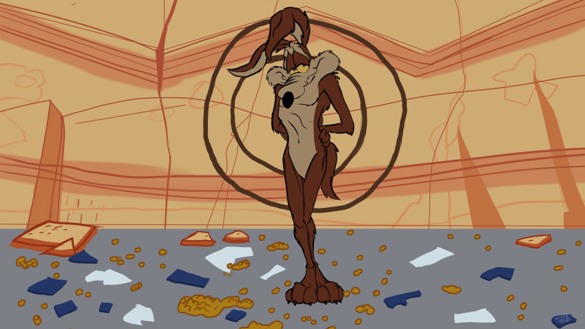 16:9 3_toes 4k absurd_res ankles_together anthro arm_tuft belly biped bird_feed black_eyes black_nose brown_body brown_fur calf_tuft canid canine canis canyon claws colored coyote dated debris desert digital_drawing_(artwork) digital_media_(artwork) disaster ears_front embarrasment embarrassed eyebrows feet feet_together finger_claws flat_colors food front_view fur glance glass glass_shards grin grinning_at_viewer half-closed_eyes hand_behind_back hand_on_hip hi_res humanoid_feet knees_together leg_tuft looking_at_viewer looney_tunes male mammal messy narrowed_eyes navel nude outside paws pecs pinup plantigrade pose raised_heel redraw ribs road rock rock_wall shattered shattered_glass sheepish_grin sheepish_smile shoulder_tuft shy shy_expression shy_face shy_smile signature smile smiling_at_viewer solo standing standing_on_toes stevethedragon tan_belly tan_body tan_eyebrows tan_fur target target_(marking) tiptoes toe_claws toe_tuft toes toes_together tuft vein warner_brothers wide_hips widescreen wile_e._coyote wood yellow_sclera