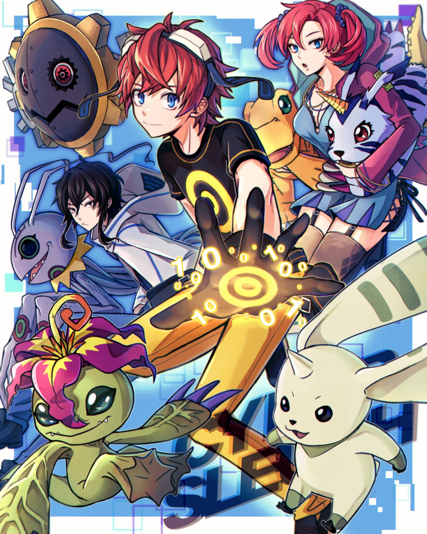 2boys agumon aiba_takumi black_gloves black_hair black_shirt black_thighhighs blue_camisole blue_eyes breasts camisole carrying cleavage colored_skin cross-laced_clothes digimon digimon_(creature) digimon_story:_cyber_sleuth female gabumon garter_straps gears gloves goggles goggles_on_head green_skin hagurumon highres hood hooded_jacket horns jacket keramon medium_breasts medium_hair multiple_boys palmon pants pink_jacket plant pu_lyong red_hair reptile sanada_arata sharp_teeth shiramine_nokia shirt short_hair sideless_outfit single_horn spaghetti_strap teeth terriermon thighhighs twintails white_jacket yellow_pants