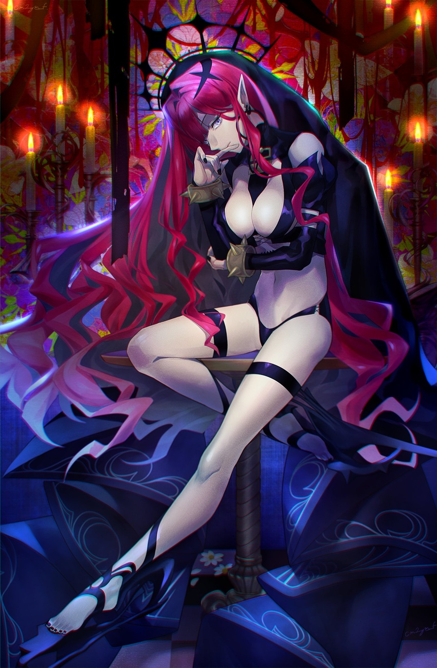 baobhan_sith_(fate) baobhan_sith_(second_ascension)_(fate) bare_shoulders black_footwear black_nails black_panties bracelet breasts candle cleavage coma2 detached_sleeves earrings fate/grand_order fate_(series) female full_body grey_eyes hand_up high_heels highres hoop_earrings jewelry legs long_hair looking_at_viewer nail_polish navel panties pink_hair pointy_ears revealing_clothes sidelocks sideways_glance sitting solo spiked_bracelet spikes toenail_polish toenails toes underwear veil