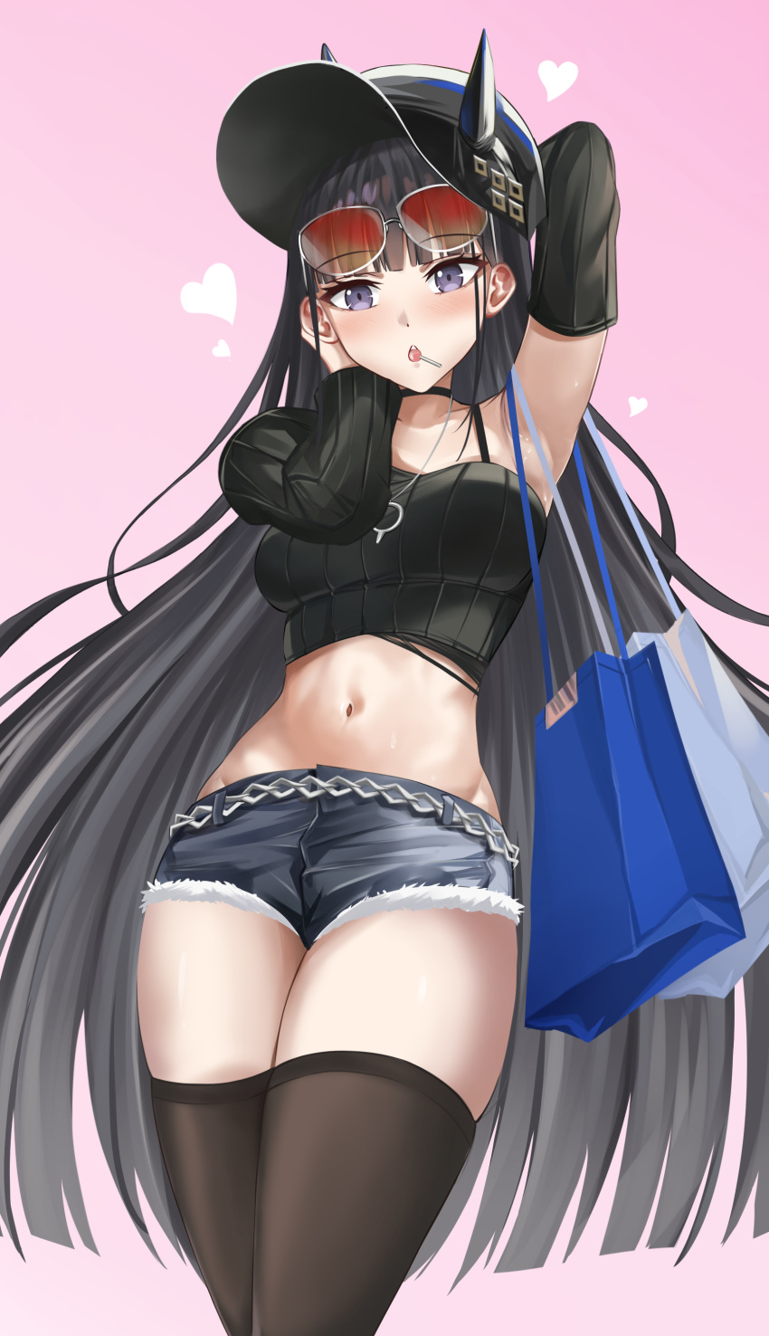 absurdres adone_(pluemza021) arm_behind_head armpits azur_lane bag black_hair blush breasts crop_top demon_girl detached_sleeves eyewear_on_head female hand_up hat heart highres hip_focus horns horns_through_headwear legs_together long_hair looking_at_viewer medium_breasts micro_shorts midriff navel noshiro_(azur_lane) noshiro_(dressed-up_date)_(azur_lane) official_alternate_costume oni purple_eyes shopping_bag shorts single_bare_shoulder solo stomach sunglasses thighhighs thighs torn_clothes torn_shorts very_long_hair