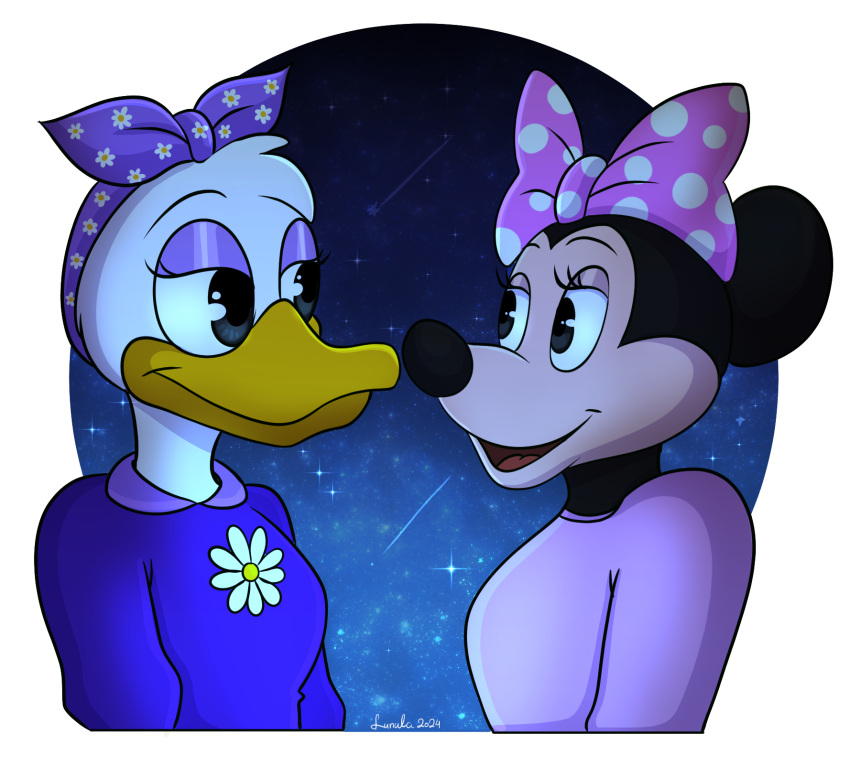 accessory anatid anseriform anthro avian beak bedroom_eyes bird bow_ribbon breasts clothing daisy_(flower) daisy_duck disney disney_junior duck duo eye_contact female female/female flower hair_accessory hair_ribbon hairbow hi_res imminent_kiss interspecies lesbian_couple looking_at_another lunula_(artist) mammal mickey_mouse's_mixed-up_adventures mickey_mouse_clubhouse mickey_mouse_funhouse mickey_mouse_roadster_racers minnie's_bow-toons minnie_mouse mouse murid murine narrowed_eyes non-mammal_breasts pajamas pink_clothing pink_hair_bow pink_shirt pink_topwear plant purple_clothing purple_hair_bow purple_makeup purple_mascara purple_shirt purple_topwear ribbons rodent romantic romantic_couple seductive shirt topwear