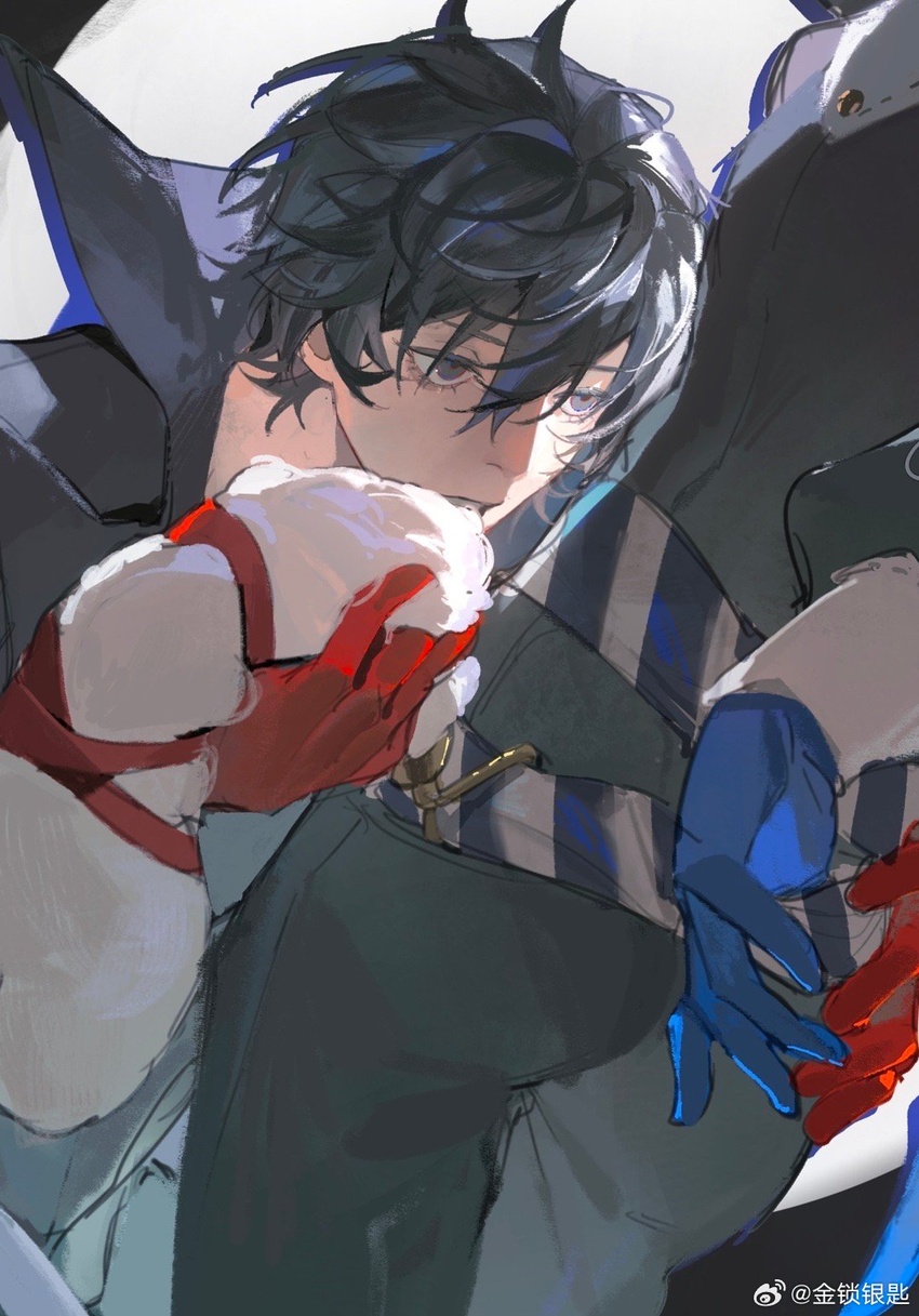 2boys amamiya_ren ass belt black_hair black_jacket black_pants black_sleeves blue_belt blue_gloves blue_hair collared_jacket eyelashes gloves grey_eyes gslkey hand_on_another's_hip high_collar highres holding jacket kitagawa_yuusuke long_sleeves male_focus messy_hair multiple_boys pants parted_lips persona persona_5 red_gloves short_hair striped_belt two-tone_belt upper_body weibo_watermark white_background white_belt yaoi