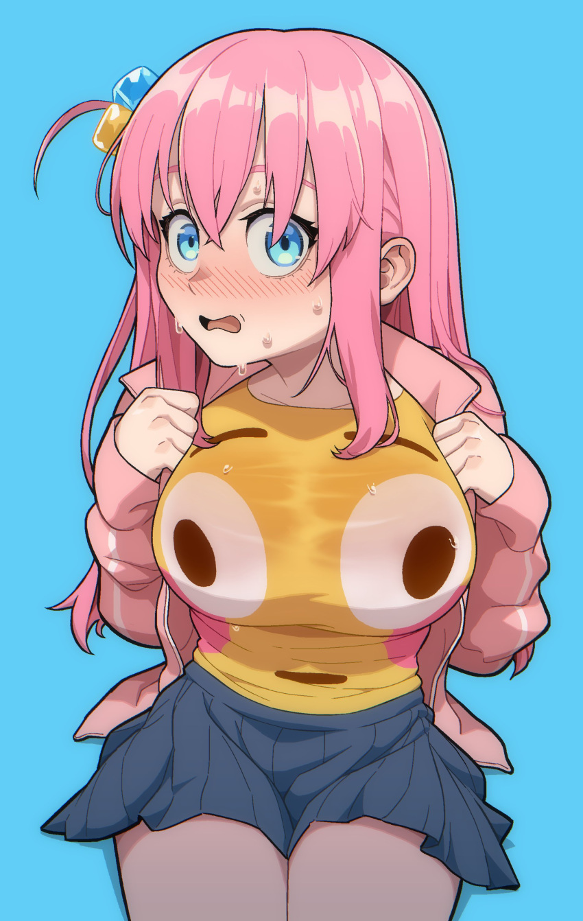 absurdres blue_background blue_eyes blush bocchi_the_rock! breasts commentary constricted_pupils cowboy_shot cube_hair_ornament embarrassed english_commentary feet_out_of_frame female flushed_face_emoji flushed_face_emoji_shirt_(meme) gotoh_hitori hair_between_eyes hair_ornament highres jacket large_breasts leaning_forward looking_at_viewer meme meme_attire nervous_sweating nose_blush open_clothes open_jacket open_mouth pink_hair pink_jacket pleated_skirt scared shirt skirt solo sweat thighs turoboto wide-eyed yellow_shirt