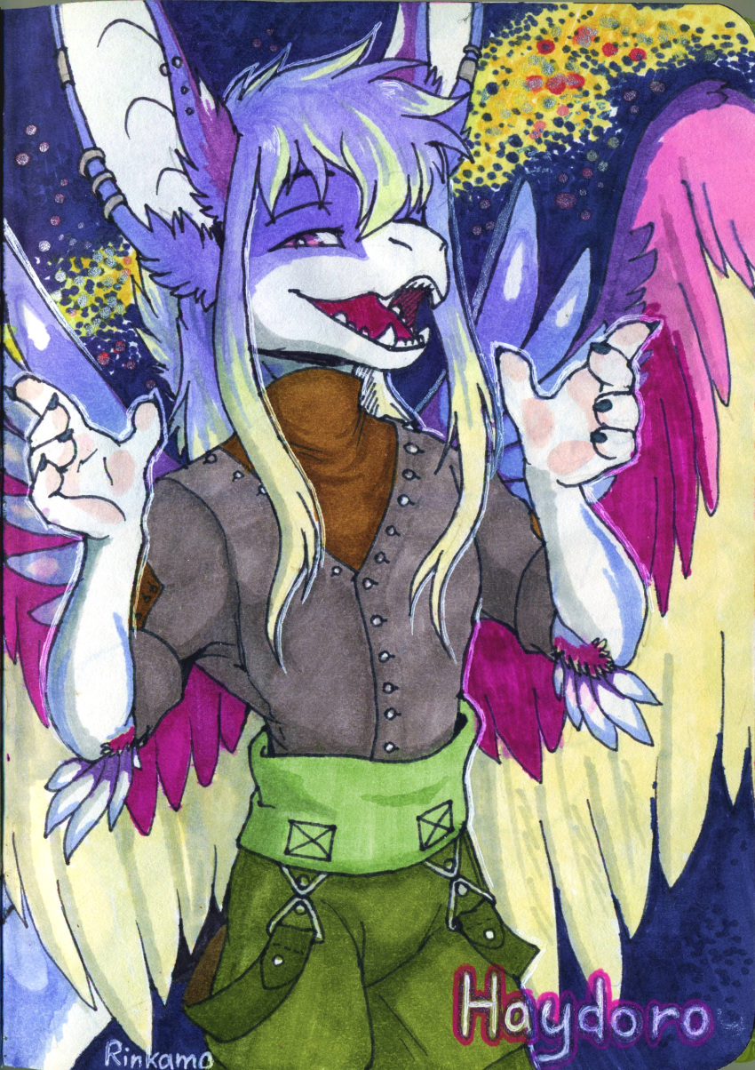 anthro clothed clothing dragon fur hair hi_res looking_at_viewer male mythological_creature mythological_scalie mythology open_mouth rinkamo scalie signature simple_background smile solo traditional_media_(artwork) wings wolfennecus(world)