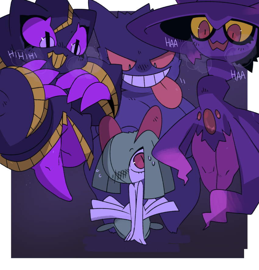 absurdres banette colored_sclera gats_(nougats) gengar ghost green_hair hair_over_one_eye highres kirlia mega_banette mismagius pokemon pokemon_(creature) purple_sclera red_eyes slit_pupils sound_effects sweat teeth tongue tongue_out yellow_sclera