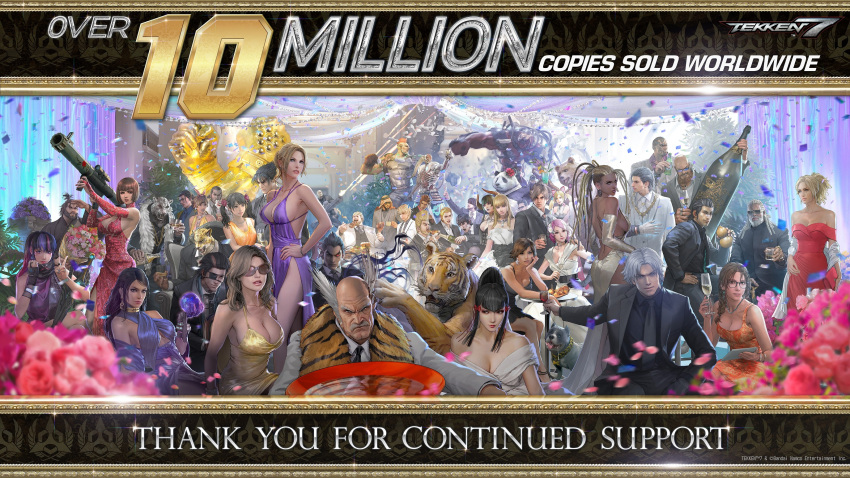 6+boys 6+girls absolutely_everyone alcohol alisa_boskonovich animal animal_head animal_print anna_williams annotated arabian_clothes arch architecture armor_king bald bandai_namco bare_legs bare_shoulders beard belt black_dress black_hair black_necktie black_shirt black_suit blonde_hair bob_(tekken) bouquet breasts brown_hair bryan_fury canine chair champagne_bottle china_dress chinese_clothes claudio_serafino claws cleavage closed_mouth cocktail_dress collarbone collared_shirt commentary confetti craig_marduk cup dark-skinned_female dark-skinned_male dark_skin debris demon_horns dreadlocks dress drinking_glass eating eddy_gordo elbow_gloves eliza_(tekken) english_commentary english_text everyone eyepatch facial_hair facial_tattoo facing_viewer fahkumram fat fat_man feng_wei food formal ganryu_(tekken) gatling_gun gigas_(tekken) glass glasses gloves gold_dress gourd grey_hair grey_suit grin group_picture gun hair_ornament hair_slicked_back halter_dress halterneck hand_on_own_cheek hand_on_own_face harada_katsuhiro high_ceiling high_heels highres holding holding_bouquet holding_gun holding_weapon horns husband_and_wife hwoarang_(tekken) indoors jack-7 jaguar japanese_clothes jewelry josie_rizal julia_chang junny katarina_alves kazama_asuka kazama_jin keffiyeh kimono king_(tekken) kuma_(tekken) kunimitsu_ii large_breasts lars_alexandersson lee_chaolan legs lei_wulong leo_kliesen leroy_smith lidia_sobieska lili_(tekken) ling_xiaoyu lips long_dress long_hair looking_at_viewer looking_back looking_to_the_side lucky_chloe m134_minigun makeup marshall_law master_raven mature_female medium_breasts miguel_caballero_rojo milestone_celebration minigun mishima_heihachi mishima_kazumi_(tekken) mishima_kazuya moustache multiple_boys multiple_girls muscular necklace necktie nina_williams no_bra off-shoulder_dress off_shoulder official_art orange_dress oversized_object pale_skin panda_(tekken) parted_lips party paul_phoenix pillar pink_hair pizza plant ponytail poster_(medium) purple_dress real_life_insert red_eyes revision robot rocket_launcher sash scar scarf sergei_dragunov shaheen shirt short_hair siblings side_slit sideboob sidelocks sisters sitting smile smirk spaghetti_strap standing statue steve_fox sugar_(tekken) suit sundress sunglasses table tall tattoo tekken tekken_7 thank_you thighs tiger tiger_print twintails undercut v vampire vaulted_ceiling very_dark_skin wall_crash weapon white_dress white_suit wine wine_glass yellow_dress yoshimitsu_(namco) zafina_(tekken)