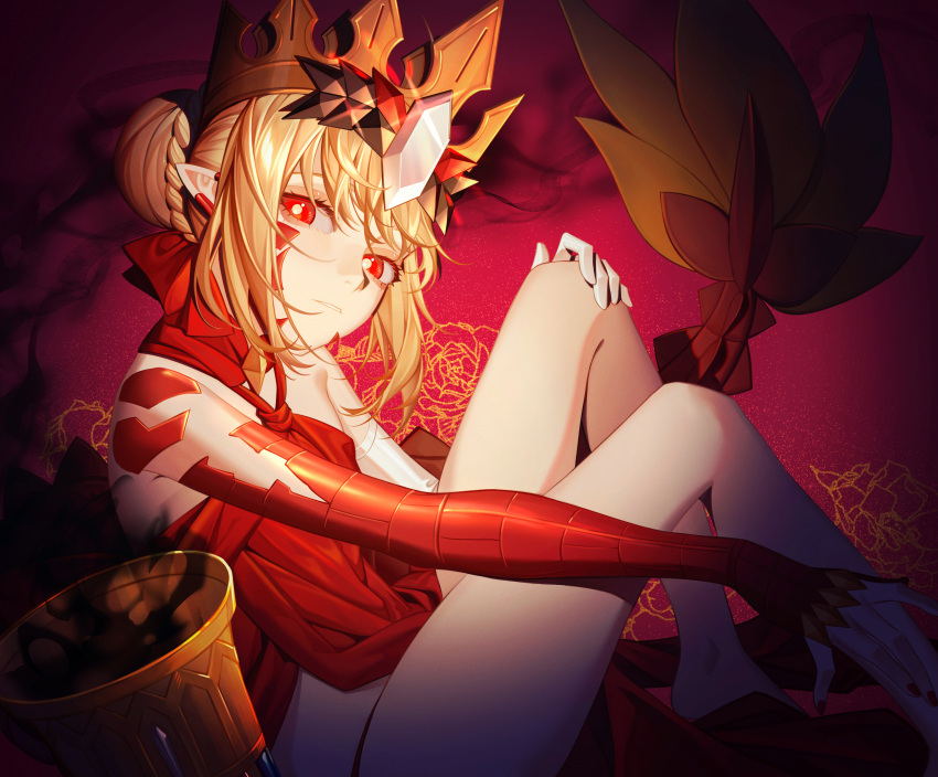 absurdres bare_legs bare_shoulders blonde_hair braid chalice crown cup dragon_tail dress elbow_gloves erchongbaojun facial_mark fate/grand_order fate_(series) female french_braid gloves gold_crown hair_intakes highres looking_at_viewer nero_claudius_(fate) pointed_crown pointy_ears queen_draco_(fate) queen_draco_(first_ascension)_(fate) red_dress red_eyes scales single_glove sitting tail white_gemstone white_gloves