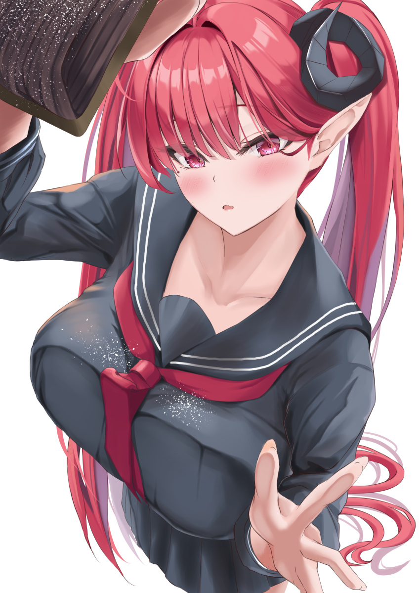 absurdres azur_lane black_horns black_sailor_collar black_serafuku black_shirt black_skirt blush breast_press breasts collarbone commentary cosplay curled_horns demon_girl demon_horns female formidable_(azur_lane) formidable_(azur_lane)_(cosplay) formidable_(the_lover's_heart_flutters_on_duty)_(azur_lane) highres hindenburg_(azur_lane) horns huge_breasts long_hair looking_at_viewer pointy_ears red_eyes red_hair sailor_collar school_uniform serafuku shirt simple_background skirt solo spekkio36 symbol-only_commentary twintails very_long_hair white_background