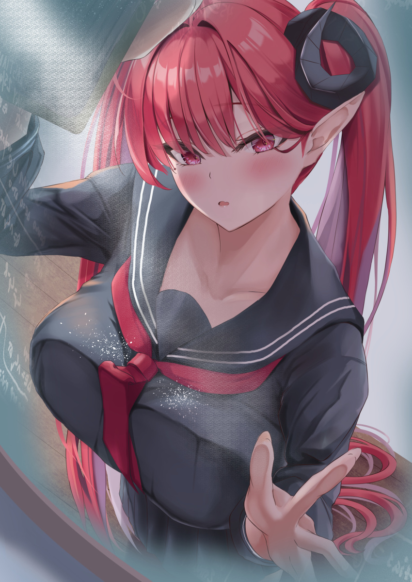 absurdres azur_lane black_horns black_sailor_collar black_serafuku black_shirt black_skirt blush breast_press breasts collarbone commentary cosplay curled_horns demon_girl demon_horns female formidable_(azur_lane) formidable_(azur_lane)_(cosplay) formidable_(the_lover's_heart_flutters_on_duty)_(azur_lane) highres hindenburg_(azur_lane) horns huge_breasts long_hair looking_at_viewer pointy_ears red_eyes red_hair sailor_collar school_uniform serafuku shirt skirt solo spekkio36 symbol-only_commentary twintails very_long_hair