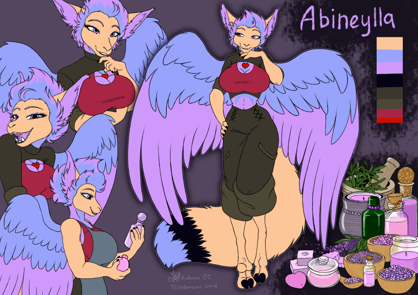 abineylla absurd_res anthro big_breasts breasts camelid clothed clothing digital_media_(artwork) english_text feathered_wings feathers female female_anthro fur hair hi_res looking_at_viewer mammal model_sheet open_mouth purple_eyes rinkamo signature simple_background smile solo tail text topwear wings wolfennecus(world)