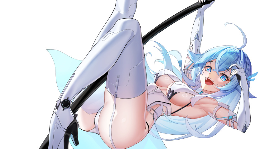 absurdres ahoge arm_strap armpits arms_up ass bare_shoulders blue_eyes blue_hair boots braid breasts bright_pupils clothing_cutout dai_mao_xuan_yi elbow_gloves female garter_straps gloves gradient_hair high_heel_boots high_heels highres knees_up large_breasts leg_up leotard long_hair looking_at_viewer multicolored_hair open_mouth panty_straps pelvic_curtain pole pole_dancing revealing_clothes roslyn_(tower_of_fantasy) see-through side_cutout sideboob sideless_leotard simple_background smile solo spaghetti_strap stripper_pole teeth thigh_boots thighhighs thighs tower_of_fantasy underboob underboob_cutout upper_teeth_only white_background white_footwear white_gloves white_hair white_leotard white_thighhighs