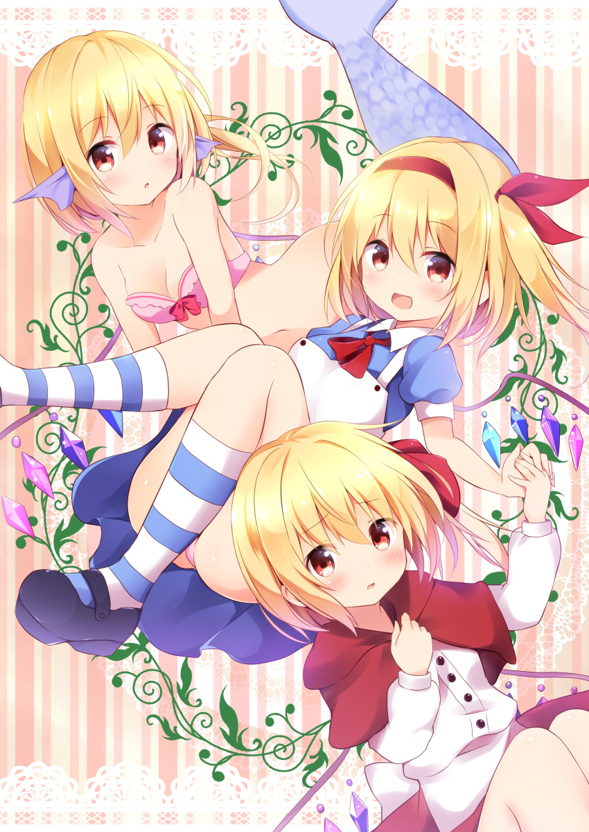 3girls :d :o absurdres alice_(alice_in_wonderland) alice_(alice_in_wonderland)_(cosplay) alice_in_wonderland ass black_footwear blonde_hair blue_dress blush bow bow_bra bra breasts cleavage commentary cosplay crystal dress fins flandre_scarlet hair_ribbon hairband head_fins highres holding_hands hood hood_down hyurasan little_red_riding_hood little_red_riding_hood_(grimm) little_red_riding_hood_(grimm)_(cosplay) long_sleeves looking_at_viewer mary_janes mermaid monster_girl monsterification multiple_girls multiple_persona neck_ribbon open_mouth panties pantyshot pink_bra pink_panties puffy_long_sleeves puffy_short_sleeves puffy_sleeves red_eyes red_hood red_ribbon ribbon shirt shoes short_dress short_sleeves side_ponytail small_breasts smile socks striped_clothes striped_socks the_little_mermaid the_little_mermaid_(andersen) touhou underwear upskirt white_shirt wings