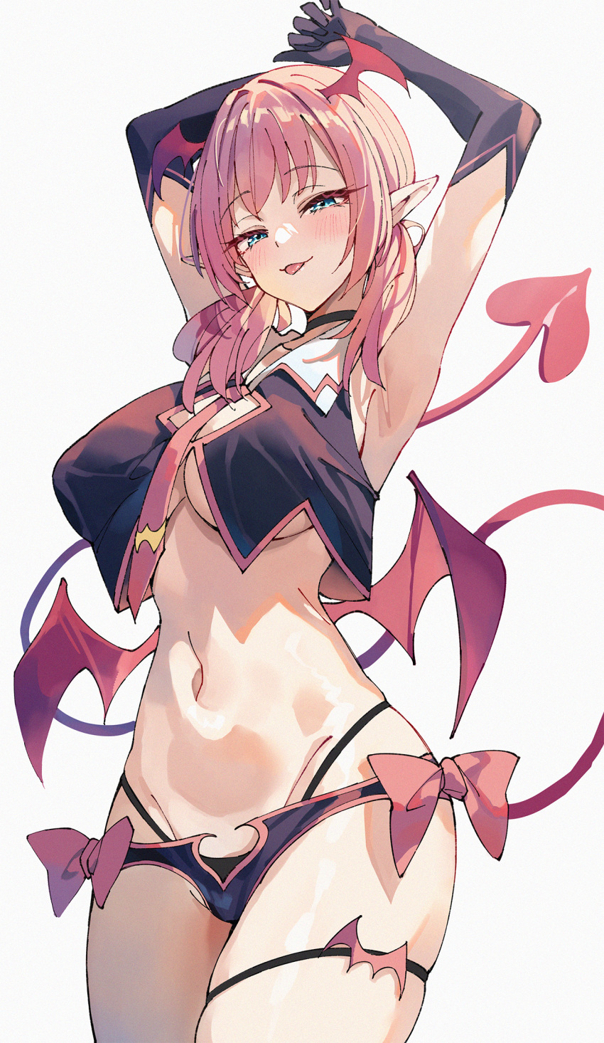 :p arm_up armpits black_choker black_gloves blue_eyes blush breasts choker commentary_request demon_girl demon_tail demon_wings female gloves grey_background head_wings highres looking_at_viewer low_wings md5_mismatch medium_breasts navel original pointy_ears raphilia_meredith red_wings resolution_mismatch simple_background solo source_smaller standing stomach tail thigh_strap thighs tongue tongue_out unacchi_(nyusankin) underboob wings