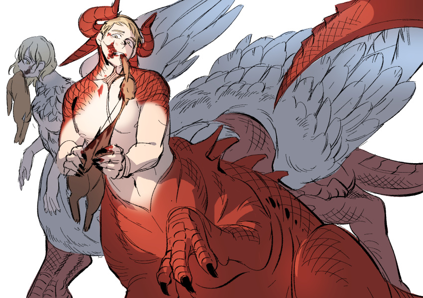 1boy blonde_hair blood blood_on_chest blood_on_face brother_and_sister carcass centauroid claws clenched_teeth commentary_request daki_info dead_animal dragon_boy dragon_girl dragon_horns dragon_tail dungeon_meshi eating falin_touden falin_touden_(chimera) feathered_wings feathers female hands_up highres holding horns korean_commentary laios_touden looking_at_another looking_at_viewer monster_boy monster_girl monsterification mouth_hold multiple_horns nipples rabbit red_horns red_scales scales short_hair siblings simple_background sitting spoilers standing tail taur teeth very_short_hair white_background wings yellow_eyes