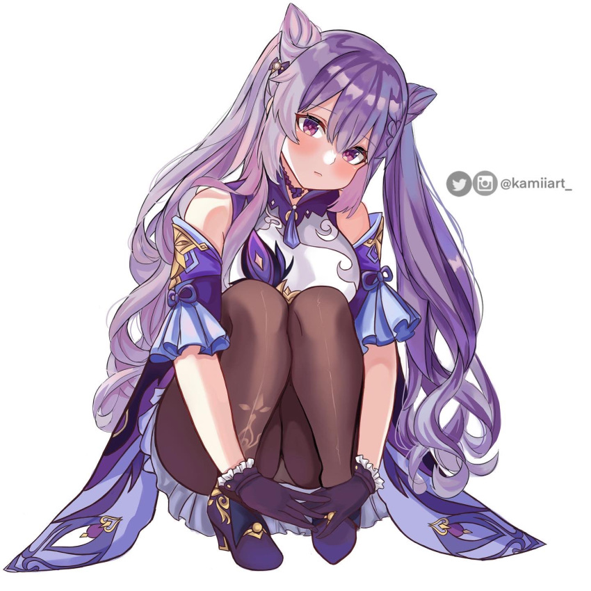 artist_name black_pantyhose blush breasts chinese_clothes choker closed_mouth cone_hair_bun diamond-shaped_pupils diamond_(shape) double_bun dress female genshin_impact gloves hair_bun hair_ears highres instagram_logo instagram_username kamiiart keqing_(genshin_impact) knees_to_chest long_hair medium_breasts neck_tassel panties panties_under_pantyhose pantyhose pearl_hair_ornament purple_choker purple_dress purple_eyes purple_gloves purple_hair sitting symbol-shaped_pupils twintails twitter_logo twitter_username underwear very_long_hair