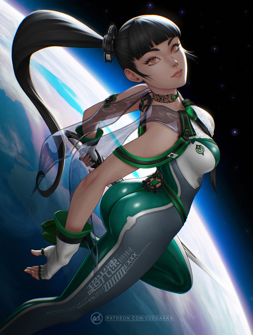 ass black_hair blunt_bangs bodysuit breasts brown_eyes commentary earth_(planet) english_commentary eve_(stellar_blade) female floating green_bodysuit highres holding holding_sword holding_weapon lips long_hair looking_at_viewer medium_breasts multicolored_bodysuit multicolored_clothes patreon_username planet planet_diving_suit_(7th)_(stellar_blade) ponytail silver_bodysuit skin_tight solo space stellar_blade suddakka sword very_long_hair weapon white_bodysuit