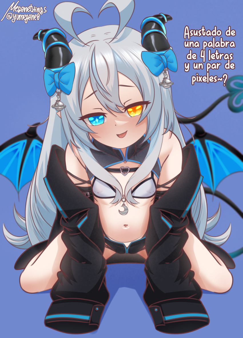 akugaki_koa all_fours alternate_language antenna_hair arm_strap artist_name bikini black_footwear black_horns black_jacket black_shorts black_tail black_wings blue_background blue_bow blue_eyes blue_trim blue_wings bow buckle chest_belt commentary covered_nipples crescent_pendant demon_girl demon_horns demon_tail demon_wings diamond-shaped_pupils diamond_(shape) female flat_chest hairbow head_tilt heart heart-shaped_buckle heart_antenna_hair heterochromia highleg highleg_bikini highres horns idol_corp jacket long_hair looking_at_viewer meganethings mesugaki navel off_shoulder paid_reward_available short_shorts shorts shrug_(clothing) sleeveless sleeves_past_fingers sleeves_past_wrists smirk solo spanish_text spread_legs stomach swimsuit symbol-only_commentary symbol-shaped_pupils tail twitter_username variant_set virtual_youtuber white_bikini white_hair wings yellow_eyes