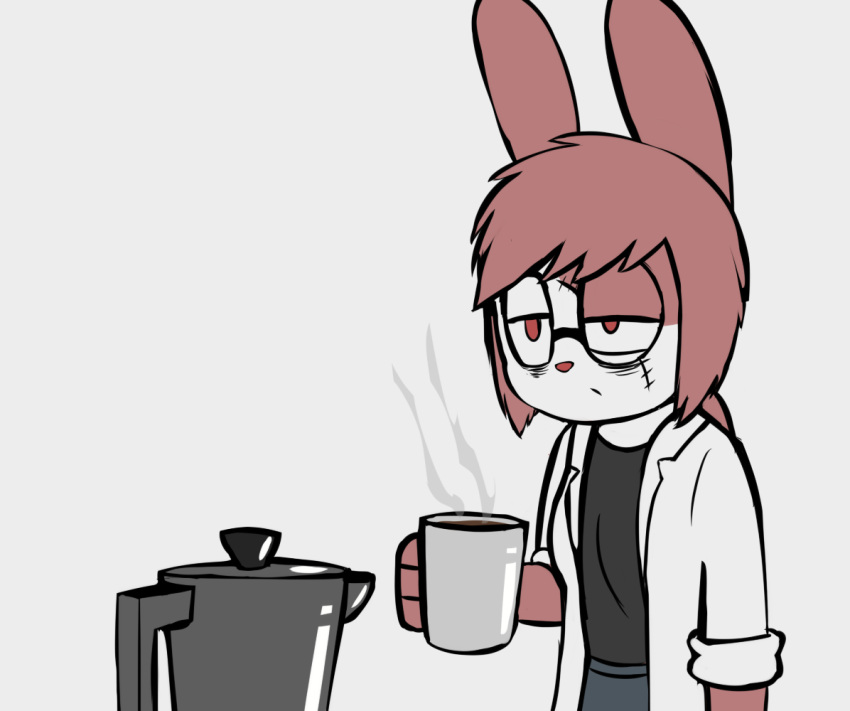 anthro beverage breasts clothing coffee coffee_mug coffee_pot container cup dr._emilia_(e254e) e254e eye_bags eyewear facial_scar female glasses jacket lagomorph leporid mammal monday natural_breasts rabbit red_eyes scar small_mouth solo steam tired topwear wince