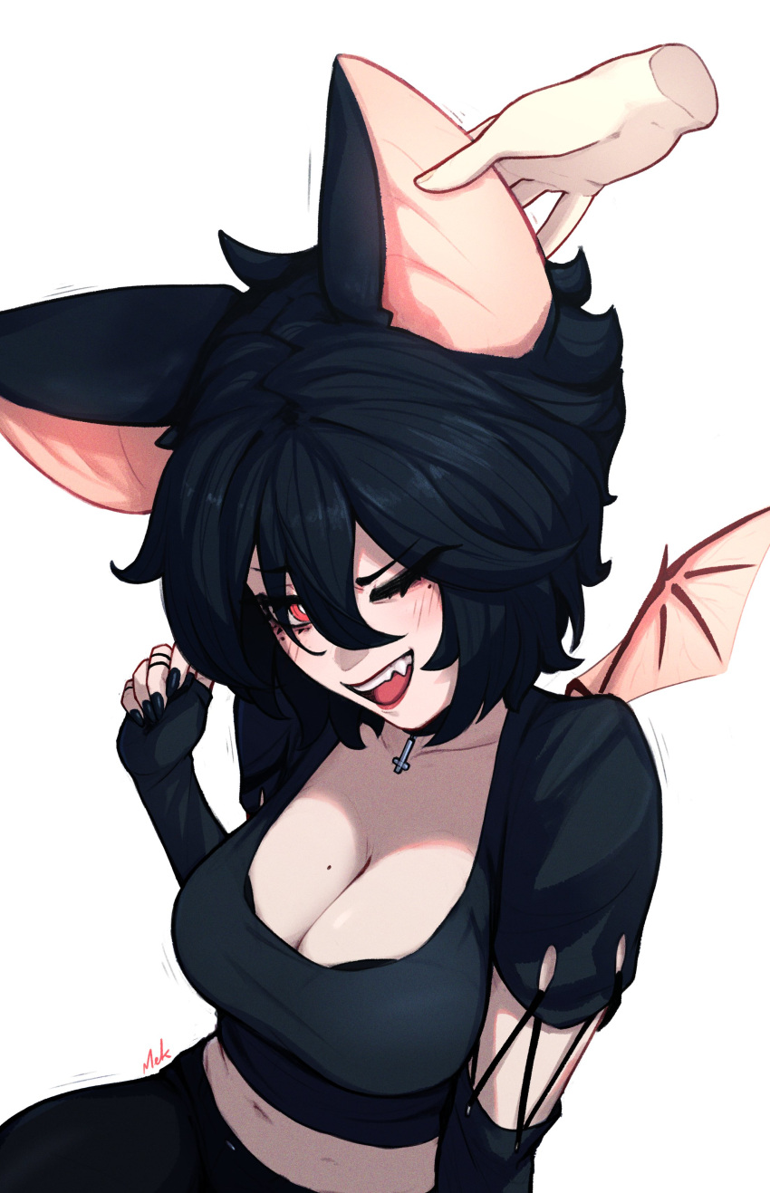 absurdres animal_ears bat_ears bat_girl bat_wings black_gloves black_hair black_nails black_shirt blush bra bra_peek breasts cleavage crop_top cross cross_necklace disembodied_hand ear_fondling eargasm elbow_gloves english_commentary female fingernails gloves grabbing grabbing_another's_ear hand_on_another's_ear highres jewelry large_breasts mekrani midriff mole mole_on_breast mole_under_eye multiple_moles multiple_rings necklace one_eye_closed open_mouth original red_eyes ring shirt simple_background sitting solo teeth uncommon_stimulation underwear upper_teeth_only wings