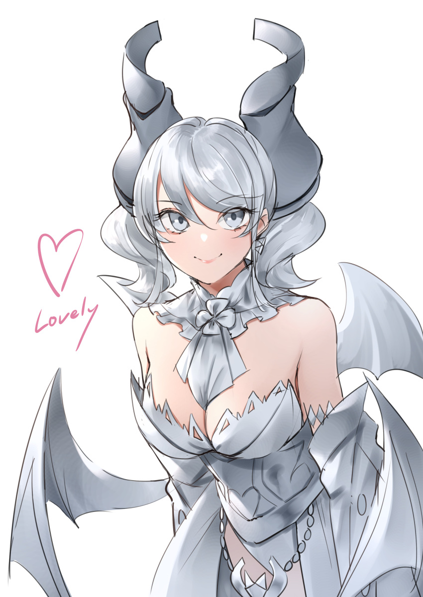 absurdres bare_shoulders breasts cleavage cowboy_shot demon_girl demon_horns demon_wings dress duel_monster female grey_eyes grey_hair heart highres horns large_breasts lovely_labrynth_of_the_silver_castle medium_hair meshida_(lux-far-accelerator) simple_background smile solo strapless strapless_dress twintails white_background white_dress wings yu-gi-oh!