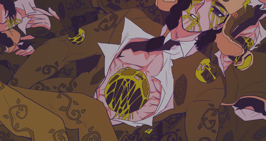 absurdres black_hair blood bomber_hat braid brown_eyes collared_shirt death empty_eyes highres hole_on_body jojo_no_kimyou_na_bouken jojolion male_focus mamezuku_rai necktie parted_lips shirt spoilers swampland yellow_blood