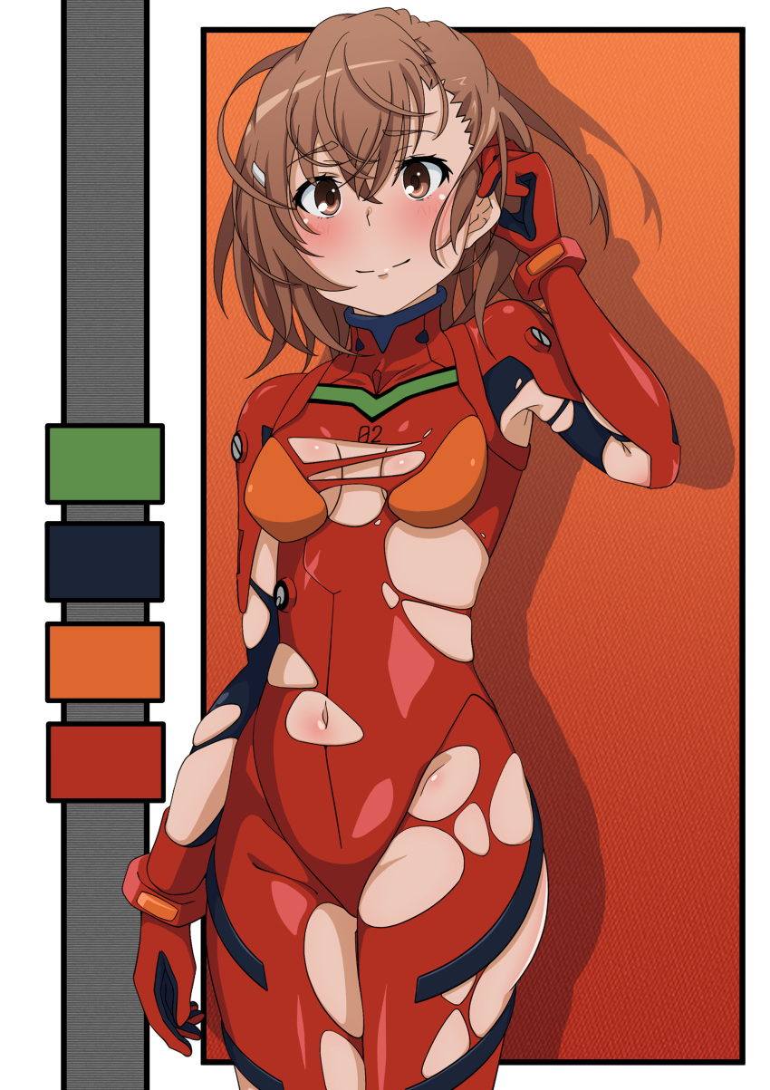 absurdres alternate_costume bodysuit breasts brown_eyes brown_hair cosplay evangelion:_3.0+1.0_thrice_upon_a_time female hand_up highres medium_hair misaka_mikoto navel neon_genesis_evangelion pilot_suit plugsuit railtracer8888 rebuild_of_evangelion red_bodysuit skin_tight small_breasts smile solo souryuu_asuka_langley souryuu_asuka_langley_(cosplay) toaru_kagaku_no_railgun toaru_majutsu_no_index torn_bodysuit torn_clothes