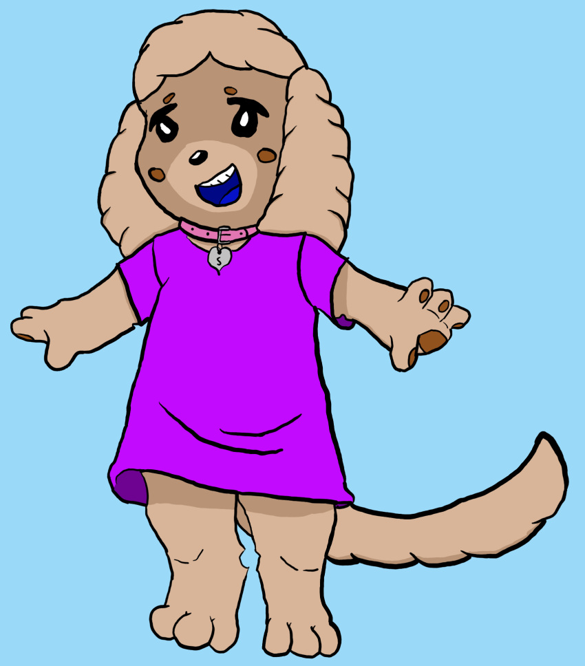 alien anthro chibi clothing collar dog_tags fan_character farsul_(the_nature_of_predators) female fever_dream_(artist) fluffy fur happy hi_res mammal pink_collar selenti_(fever_dream) shirt solo tail tan_body tan_fur the_nature_of_predators topwear