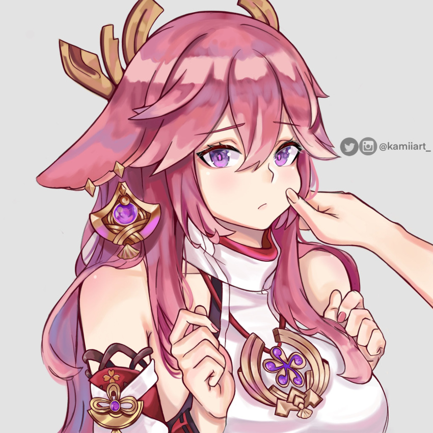 1other artist_name blush breasts cheek_pinching closed_mouth detached_sleeves ear_piercing earrings female genshin_impact hair_between_eyes hair_ornament hand_on_another's_cheek hand_on_another's_face highres instagram_logo instagram_username japanese_clothes jewelry kamiiart large_breasts long_hair looking_at_viewer piercing pinching pink_hair pink_nails purple_eyes sidelocks twitter_logo twitter_username yae_miko