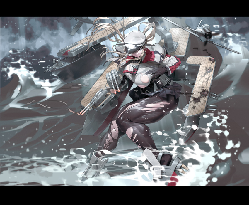 702_96 absurdres breasts capelet commission female gloves graf_zeppelin_(kancolle) grey_eyes hat highres kantai_collection large_breasts muscular muscular_female ocean pantyhose pixiv_commission skirt solo thighs