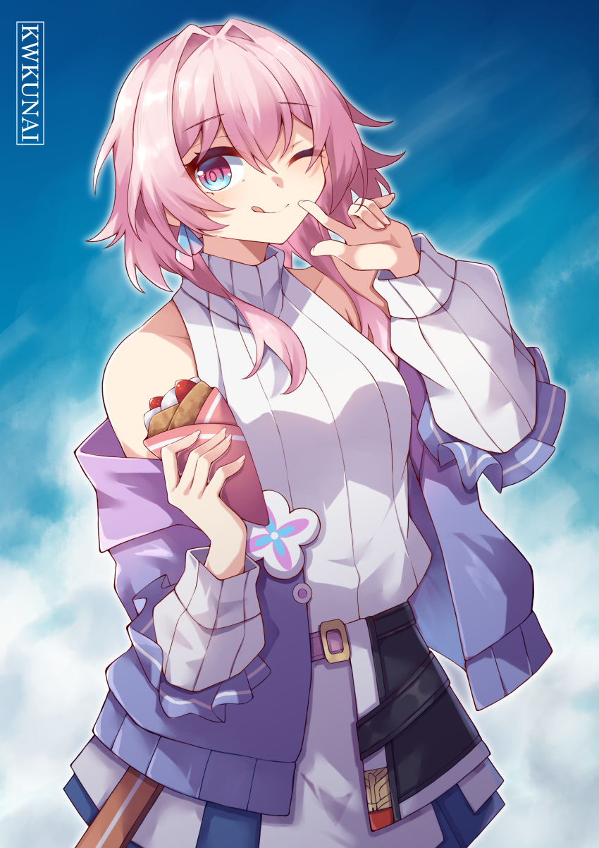 ;) ;q absurdres bare_shoulders blue_eyes blue_jacket blue_sky cloud commentary cowboy_shot crepe day female food gradient_eyes gradient_jacket hair_intakes hands_up highres holding holding_food honkai:_star_rail honkai_(series) jacket kwkunai long_hair long_sleeves looking_at_viewer march_7th_(feast)_(honkai:_star_rail) march_7th_(honkai:_star_rail) multicolored_eyes official_alternate_costume one_eye_closed pink_hair purple_eyes purple_jacket ribbed_sweater skirt sky sleeveless sleeveless_turtleneck smile solo standing sweater tongue tongue_out turtleneck white_skirt white_sweater