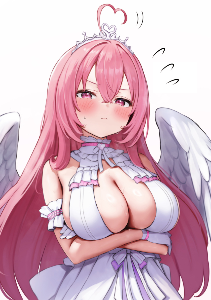 ahoge angel_wings aogiri_koukou arm_under_breasts armband bare_shoulders blush breasts choker cleavage closed_mouth collar crossed_arms dress feathered_wings female flying_sweatdrops frilled_armband frilled_dress frills frown gabu_rielu gloves hair_between_eyes hashtag-only_commentary heart heart_ahoge highres huge_breasts long_hair looking_at_viewer mochitsuki_karen pink_choker pink_eyes pink_hair purple_ribbon ribbon simple_background solo striped_ribbon sweat tiara virtual_youtuber white_armband white_background white_collar white_dress white_gloves white_ribbon white_tiara white_wings wings