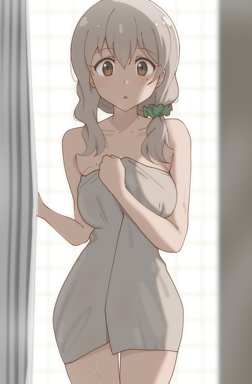 :o bare_arms brown_hair curtains female grey_towel hair_between_eyes hair_ornament hair_scrunchie highres indoors koisuru_asteroid light_brown_hair long_hair looking_at_viewer mole mole_under_eye morino_mari naked_towel open_mouth poa_mellhen scrunchie solo standing towel window