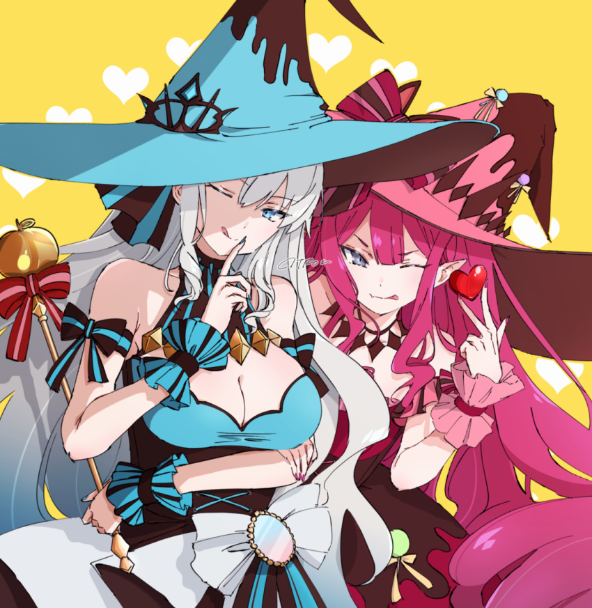 2girls :p :q baobhan_sith_(fate) baobhan_sith_(valentine_witches)_(fate) bare_shoulders blue_dress blue_eyes blue_nails breasts citron80citron cleavage dress fate/grand_order fate_(series) grey_eyes hair_ribbon hand_up hat holding holding_wand long_hair morgan_le_fay_(fate) morgan_le_fay_(valentine_witches)_(fate) mother_and_daughter multiple_girls nail_polish oerba_yun_fang one_eye_closed pink_hair pink_nails pointy_ears red_dress ribbon sidelocks signature skin_fang tongue tongue_out upper_body w wand white_hair witch_hat wrist_cuffs yellow_background