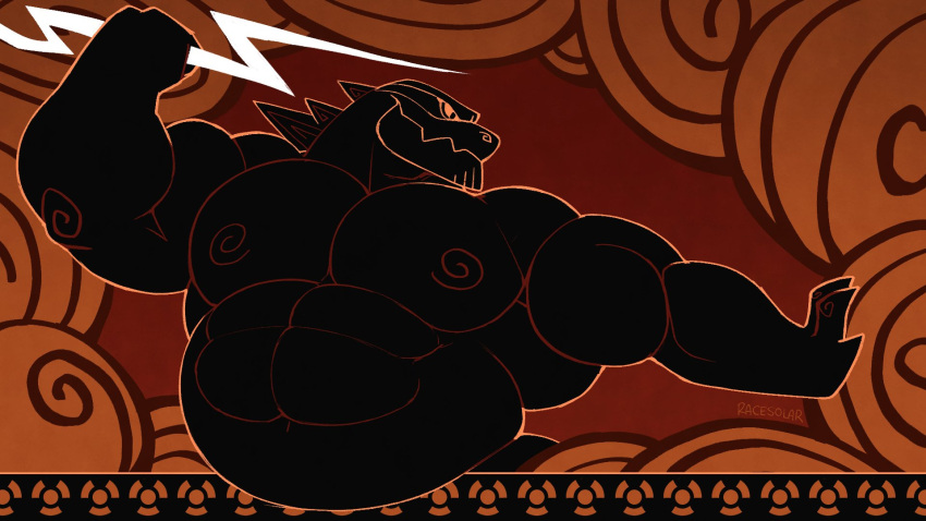 1boy abs alternate_muscle_size bara belly_rest cloud dinosaur_boy electricity electrokinesis furry furry_male godzilla godzilla_(2014) godzilla_(monsterverse) godzilla_(series) greek_painting_style hercules_(1997_film) highres holding_lightning_bolt huge_pectorals male_focus meme monsterverse muscular muscular_male nude outstretched_arm parody profile racesolar solo strongman_waist style_parody then_along_came_zeuszilla_(meme) upper_body zeuszilla_(plasmili0)