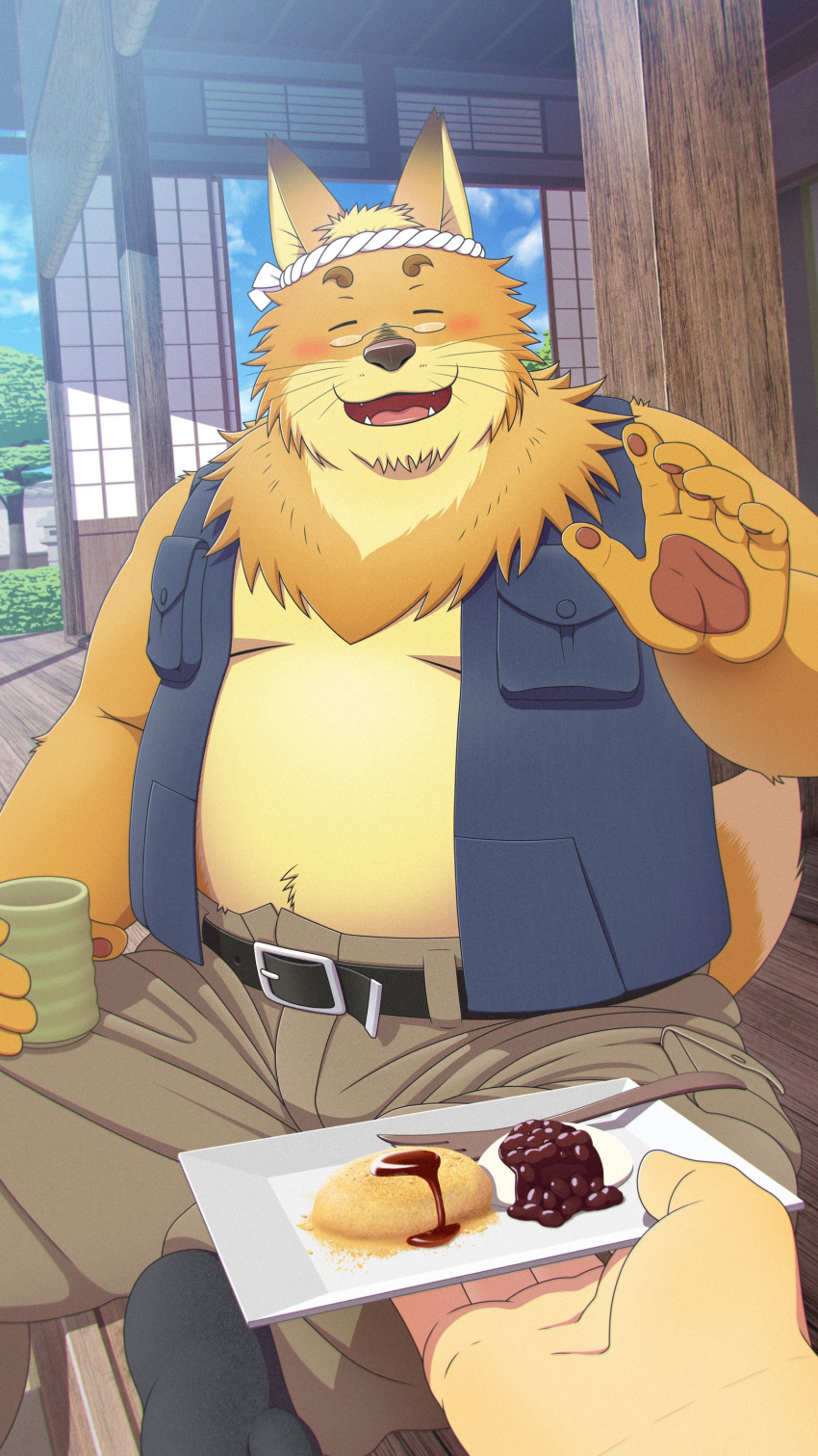 2024 5_fingers 9:16 absurd_res anthro belly big_belly blush bottomwear canid canine closed_eyes clothing detailed_background duo eyewear fingers food fox glasses hi_res humanoid_hands kemono male mammal moobs morenatsu open_mouth overweight overweight_male pants sitting smile solo_focus tetillust tetsuya_inoue