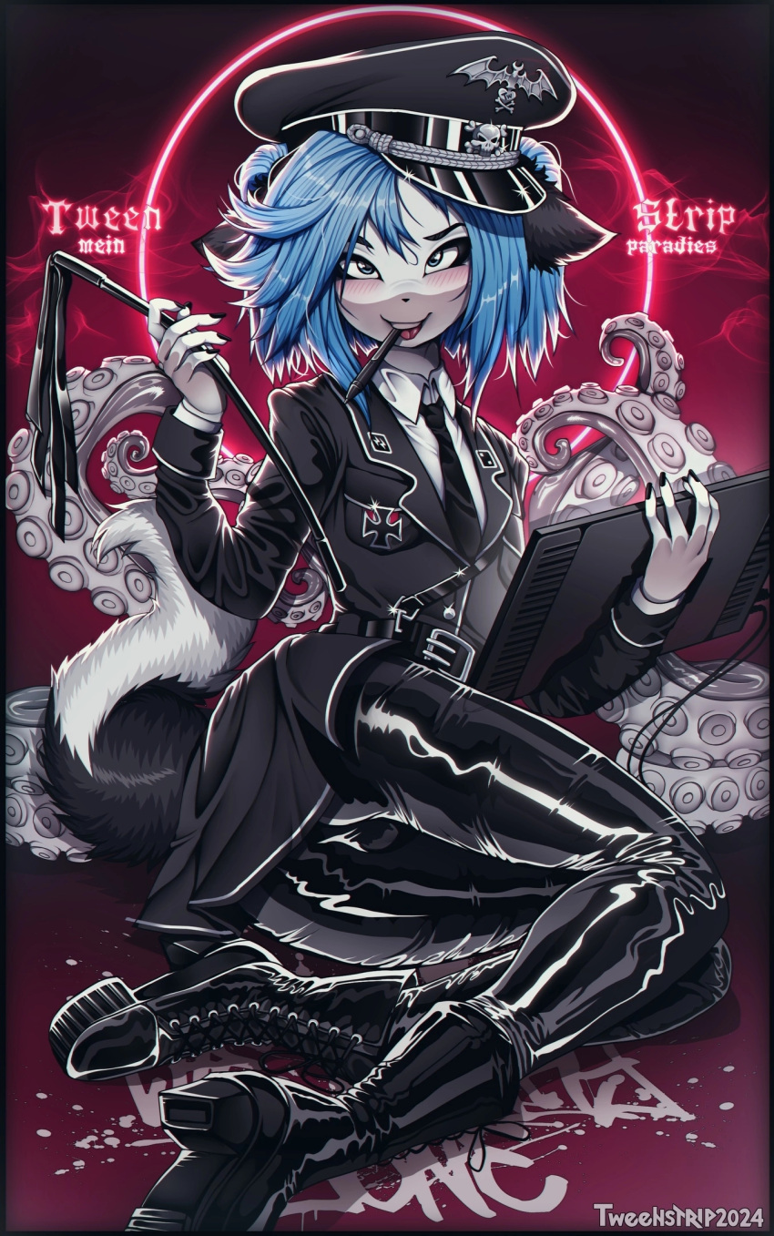 abstract_background anthro armband ass belt black_clothing black_dress black_ears blue_eyes blue_hair blush boots bulge bulge_from_behind canid canine clothing cross drawing_tablet dress eyebrows eyelashes femboy footwear fox fur hair handwear harness hat headgear headwear hi_res high_heeled_boots high_heels inner_ear_fluff iron_cross latex latex_clothing latex_handwear leather leather_clothing leather_harness legwear looking_at_viewer makeup male mammal marble_fox medal military_cap military_uniform moisha_(tweenstrip) narrowed_eyes nazi nazi_uniform necktie pantyhose partieiadler pen ponytail rear_view red_fox skull_accessory solo tail teeth_showing tentacle tongue true_fox tuft tweenstrip uniform whip white_body white_fur