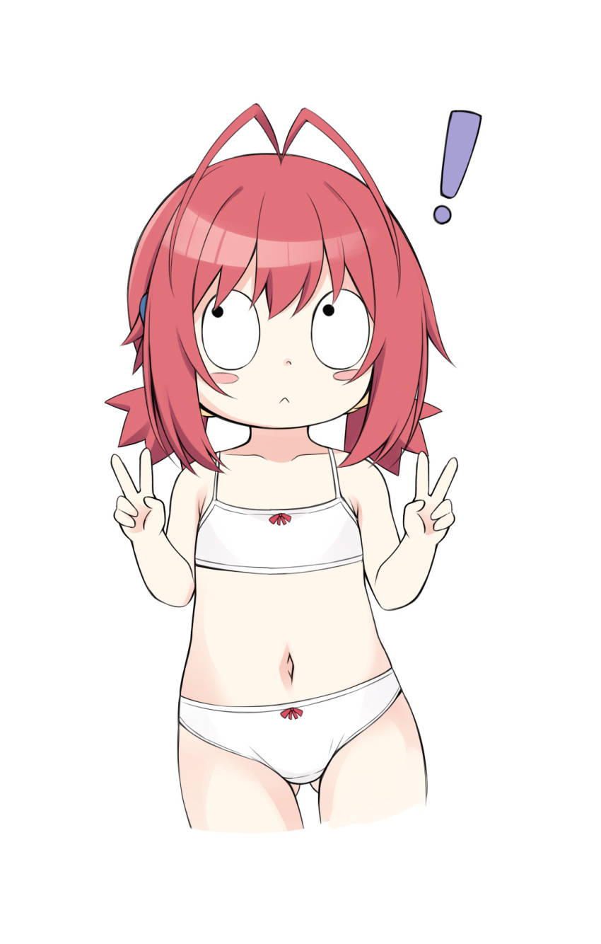 ! :< antenna_hair ass_visible_through_thighs bare_arms bare_shoulders blush_stickers bow bow_bra bow_panties bra bra-ban! chibi closed_mouth collarbone commentary cowboy_shot cropped_legs double_v ebihara_minase female hands_up highres looking_to_the_side looking_up low_twintails medium_hair navel panties red_hair sakuraba_hikaru_(loveindog) short_twintails simple_background solo symbol-only_commentary twintails underwear underwear_only upturned_eyes v white_background white_panties