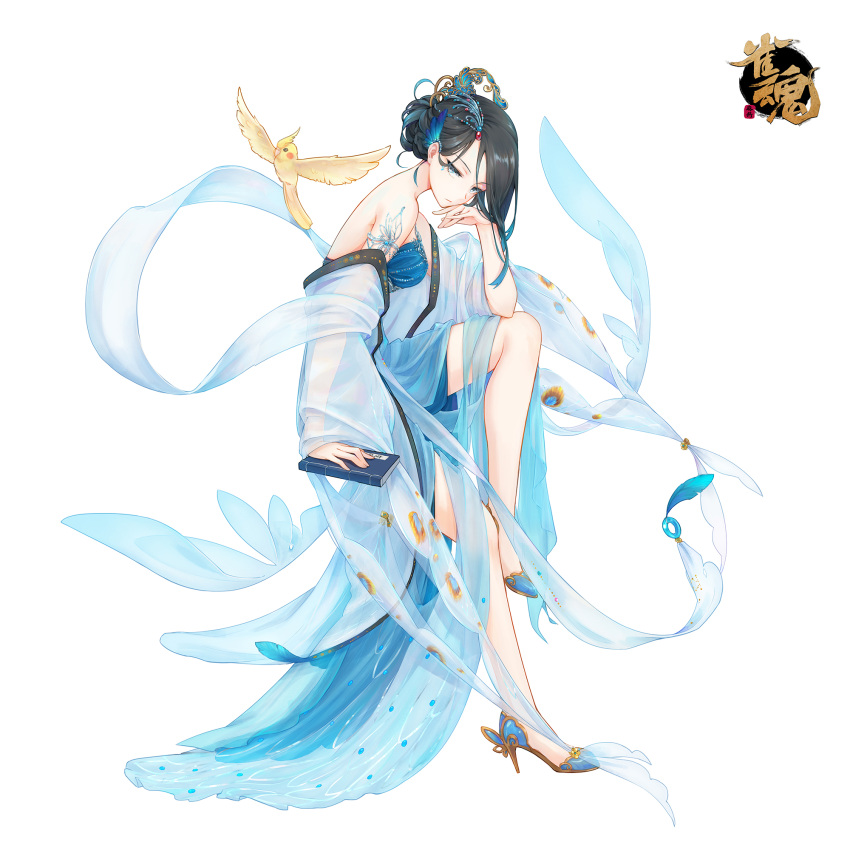 bird black_hair blue_dress blue_eyes blue_hair book cockatiel commentary_request dress expressionless female full_body hair_ornament highres holding holding_book logo mahjong_soul multicolored_hair official_art qing_luan shine_cheese skinny solo white_background