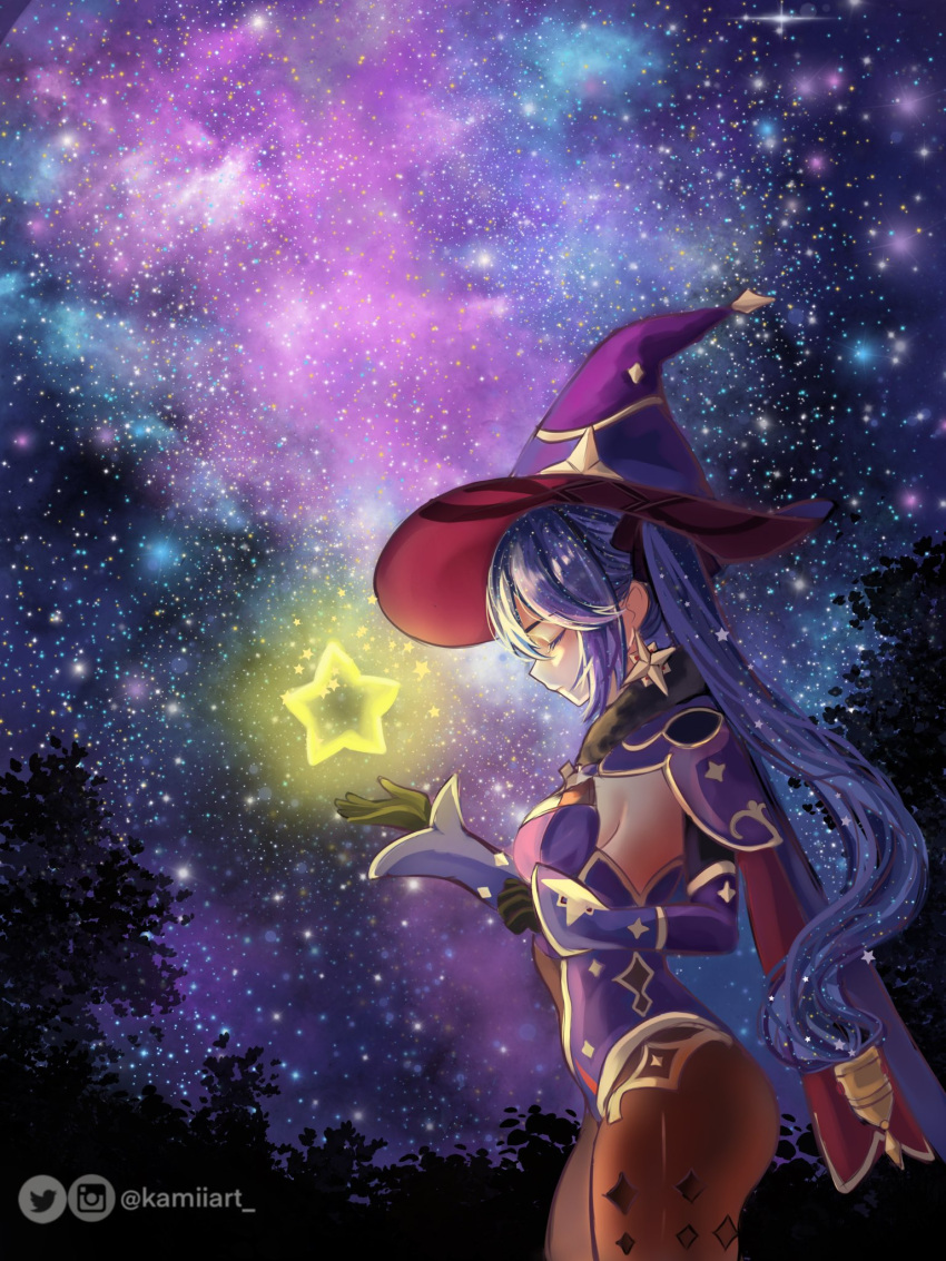 artist_name blue_hair blush breasts closed_mouth detached_sleeves female galaxy genshin_impact hat highres instagram_logo instagram_username kamiiart leotard long_hair medium_breasts mona_(genshin_impact) pantyhose star_(sky) star_(symbol) twintails twitter_logo twitter_username very_long_hair witch_hat