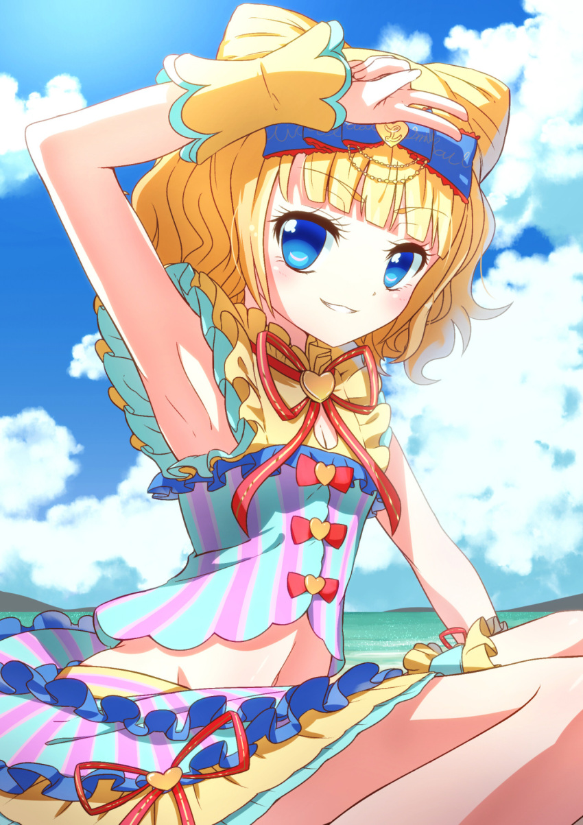 arm_up armpits blonde_hair blue_eyes blue_shirt blue_skirt blue_sky blunt_bangs bow breasts cloud commentary_request cone_hair_bun cowboy_shot day double_bun female hair_bun hairbow highres idol_clothes looking_at_viewer midriff minami_mirei neck_ribbon ocean open_mouth outdoors pretty_series pripara red_bow red_ribbon ribbon ruru_ashihara shirt short_hair sitting skirt sky small_breasts smile solo v wrist_cuffs