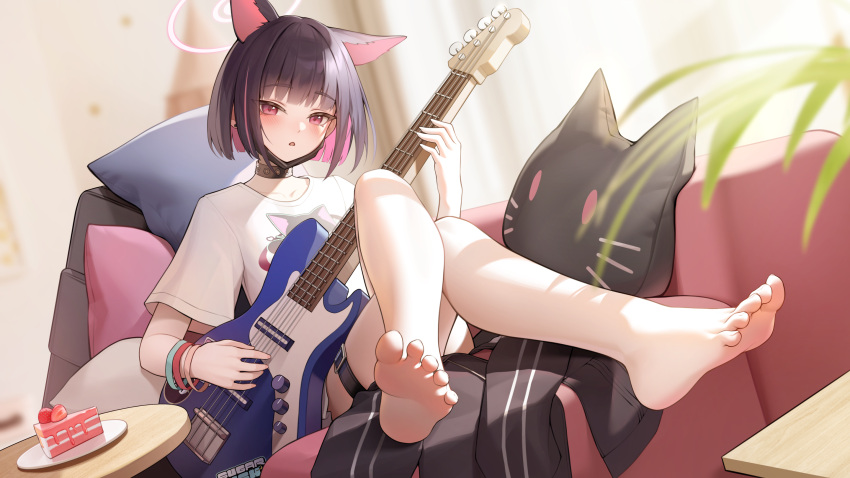 animal_ears aqua_wristband barefoot bass_guitar belt belt_buckle black_choker black_hair black_mask blue_archive blurry blurry_background blush buckle cake cake_slice cat-shaped_pillow cat_ears chestnut_mouth choker colored_inner_hair commentary couch crossed_legs earrings extra_ears feet female fender_jazz_bass food fruit full_body guitar halo highres holding holding_guitar holding_instrument indoors instrument jewelry kazusa_(band)_(blue_archive) kazusa_(blue_archive) leaf looking_at_viewer mask mask_pull mouth_mask multicolored_hair music official_alternate_costume on_couch paid_reward_available pantyhose parted_lips pillow pink_hair pink_wristband playing_bass playing_guitar playing_instrument red_wristband round_table shirt short_hair sitting soles solo strawberry stud_earrings t-shirt table thigh_belt thigh_strap toes two-tone_hair unworn_clothes unworn_pantyhose white_shirt wristband zhenli-mari