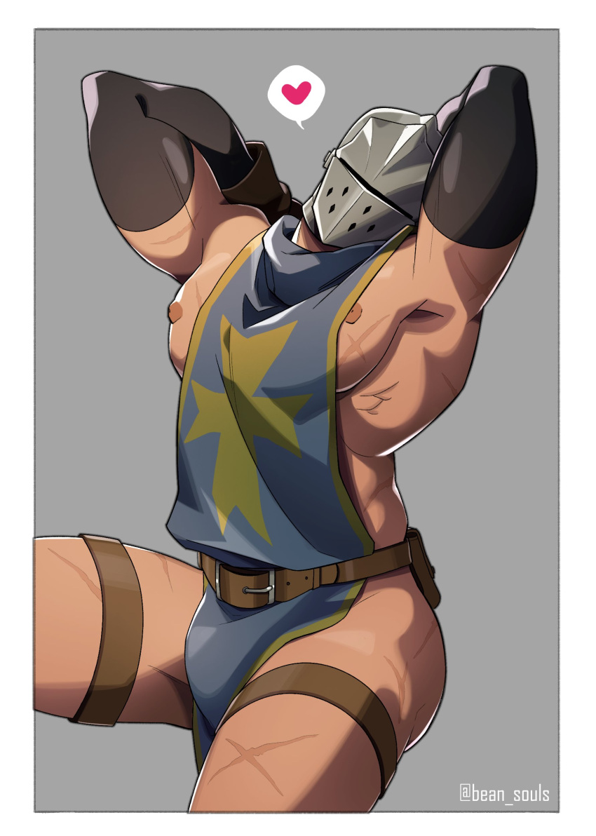 1boy absurdres armpits arms_behind_head bara bean_souls cowboy_shot crusader_(darkest_dungeon) darkest_dungeon head_tilt heart helmet highres large_pectorals leather male_focus muscular muscular_male nipples no_male_underwear pectorals pelvic_curtain sidepec solo spoken_heart spread_legs thick_thighs thighs