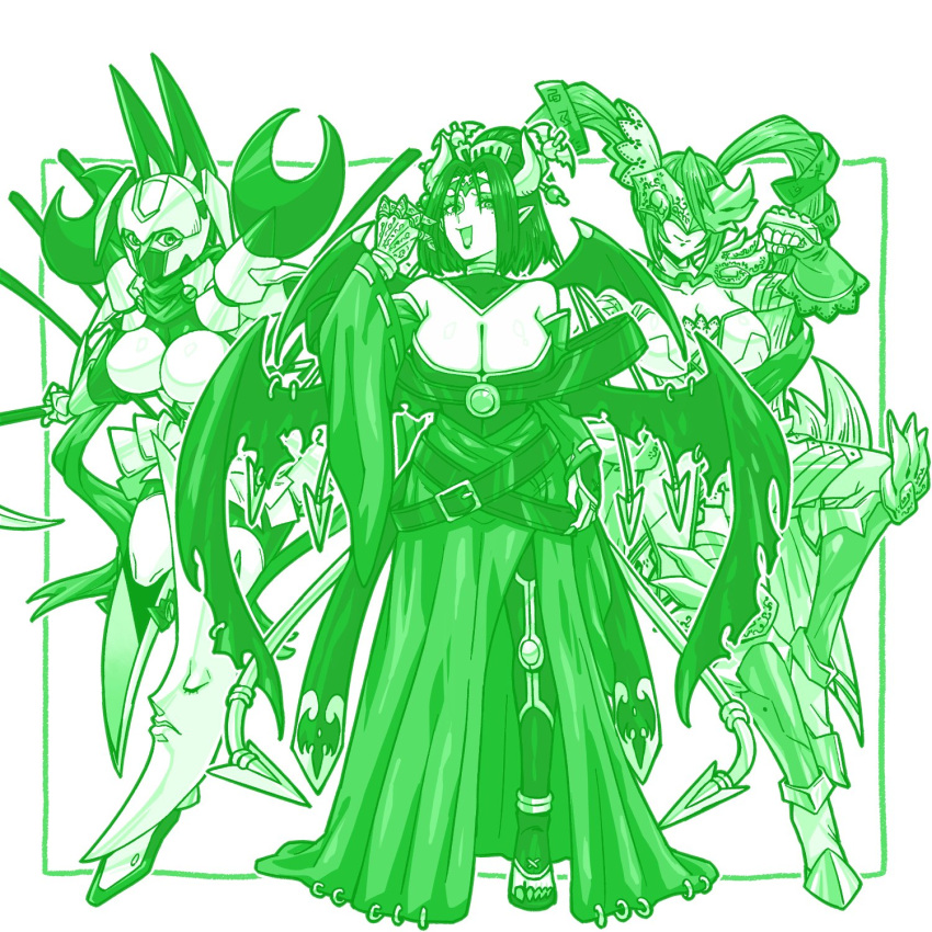 3girls angel armor armored_skirt bare_shoulders bat_tattoo bat_wings black_hair blonde_hair bodysuit breastplate breasts claws cleavage colored_skin covered_eyes crescent demon demon_girl demon_wings dianamon digimon digimon_(creature) eyeshadow facial_mark fallen_angel forehead_mark forehead_tattoo gloves green_theme hair_between_eyes hair_ornament helmet helmet_over_eyes highres holding holding_scythe horns kenchi large_breasts lilithmon long_hair looking_at_viewer lovelyangemon makeup mask mole monochrome moon mouth_mask multiple_girls open_mouth pink_scarf pointy_ears purple_bodysuit purple_eyeshadow purple_lips purple_mask scarf scythe short_hair shoulder_armor simple_background skirt smile tattoo twintails very_long_hair weapon white_armor wings