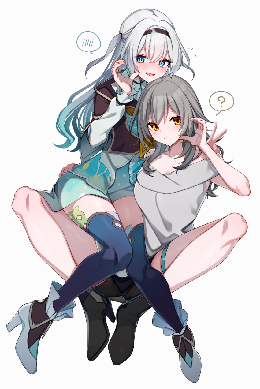 2girls ? aqua_footwear aqua_skirt black_footwear black_jacket black_skirt blue_thighhighs blush breasts carrying_over_shoulder cleavage closed_mouth commentary_request expressionless firefly_(honkai:_star_rail) floating full_body gradient_legwear grey_hair grey_shirt half-heart_hands hand_up high_heels highres honkai:_star_rail honkai_(series) jacket long_hair looking_at_viewer looking_to_the_side multiple_girls nose_blush off-shoulder_shirt off_shoulder one_side_up open_mouth purple_eyes shirt simple_background skirt smile spoken_blush spoken_question_mark stelle_(honkai:_star_rail) textless_version thighhighs thighs trailblazer_(honkai:_star_rail) white_background white_hair white_shirt yellow_eyes yodare_(3yami8)