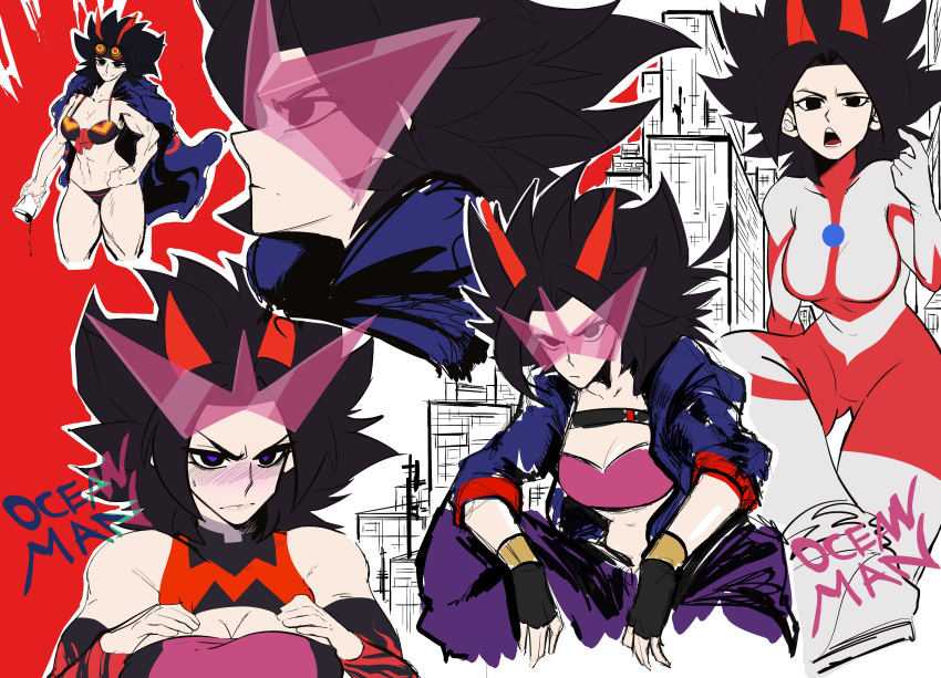 absurdres angry artist_name bikini black_eyes black_gloves black_hair blue_jacket blush bodysuit breasts cape caulifla character_request city cleavage cosplay dragon_ball dragon_ball_super english_commentary english_text eyewear_on_head female fingerless_gloves gloves hands_on_own_chest hands_on_own_hips highres horns jacket light_frown long_hair multicolored_bodysuit multicolored_clothes multiple_views ocean_man_(artist) open_mouth outline pants pink-tinted_eyewear pink_tube_top pointing pointing_at_self purple_eyes purple_pants red_bodysuit sidelocks signature silver_bodysuit spiked_hair squatting strapless sunglasses swimsuit teeth tinted_eyewear toned toned_female tube_top two-tone_bodysuit ultra_series ultraman ultraman_(1st_series) ultraman_(cosplay) white_outline